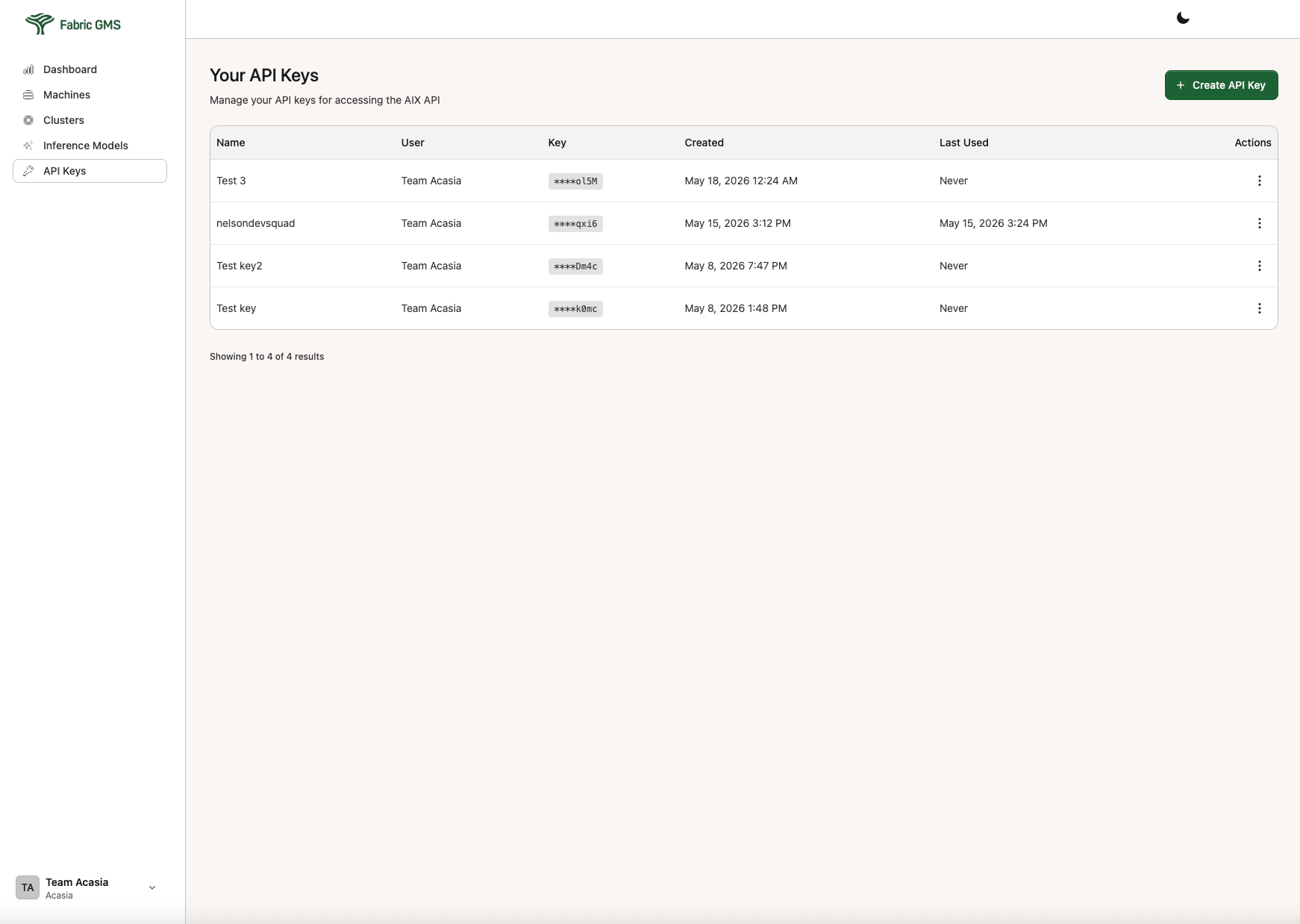 Manage API keys — Acasia Docs